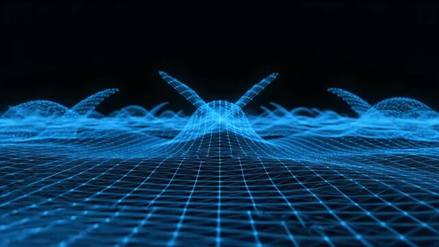 Abstract blue digital network waves flow across a dark background. This futuristic mesh visualization represents data and connectivity.