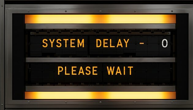 Digital display board shows system delay and please wait message.