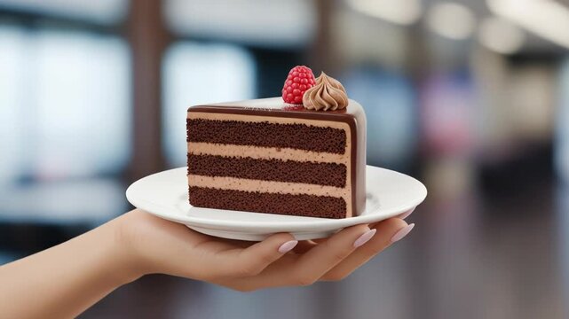 A hand holding a white plate with a layered chocolate cake garnished with a raspberry