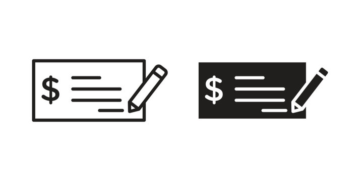 Money check icon concept. Glyph and line vector illustrations on white background