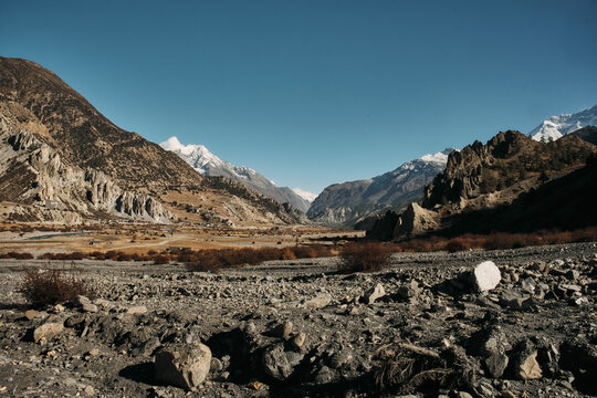 Paesaggio della valle di Manang, Nepal. Valle nella regione himalayana di  Manang.