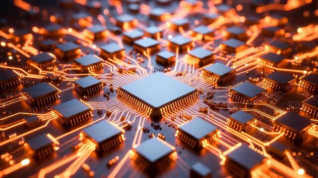 Glowing microchip circuit board technology with orange light electronic component, futuristic innovation digital hardware energy, microchip circuit