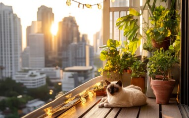 Fototapeta premium Cat Lounging on Balcony Overlooking Brilliant City Skyline at Sunset