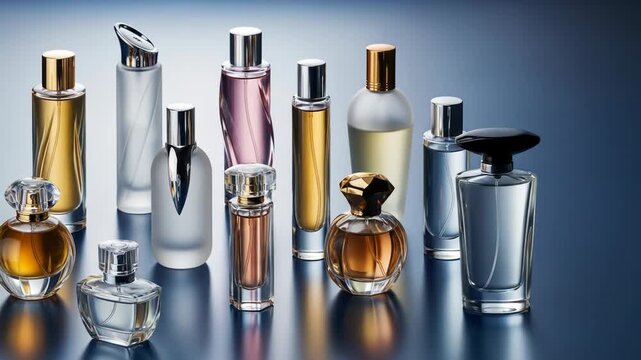 A collection of elegant perfume bottles in various shapes, sizes, and colors arranged on a reflective surface