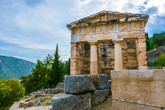 Evening view of reconstructed Athenian treasury in Delphi archeological site in Central Greece