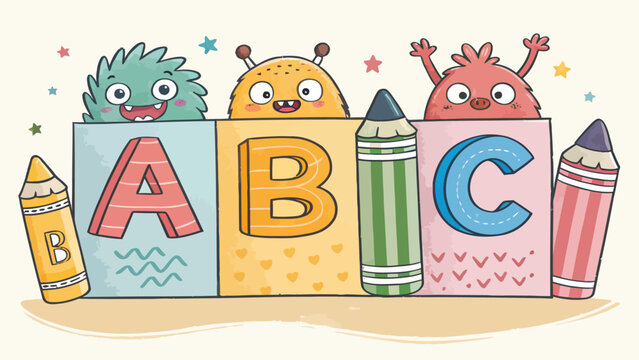 Monsters and abc blocks, playful illustration for early childhood education and learning fun, monster character, children education