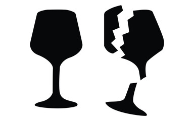 Wine Glass Silhouette Set with Intact and Broken Glass Symbol Isolated on White Background