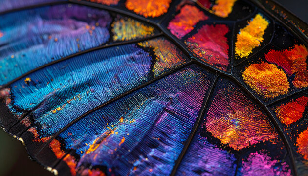 Close up macro of vibrant butterfly wing displaying intricate colorful patterns