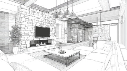 Obraz premium Hand-drawn architectural sketch of a modern luxury open concept living room and dining area with stone fireplace and sofa