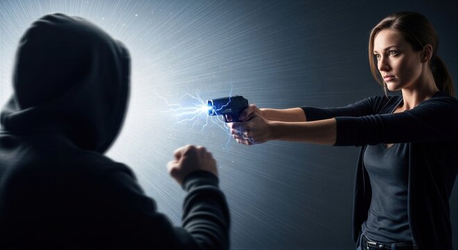 Woman using taser gun to defend against hooded criminal. Self defense scene with electrical discharge as weapon against intruder. Safety protection and urgent security measure concept.