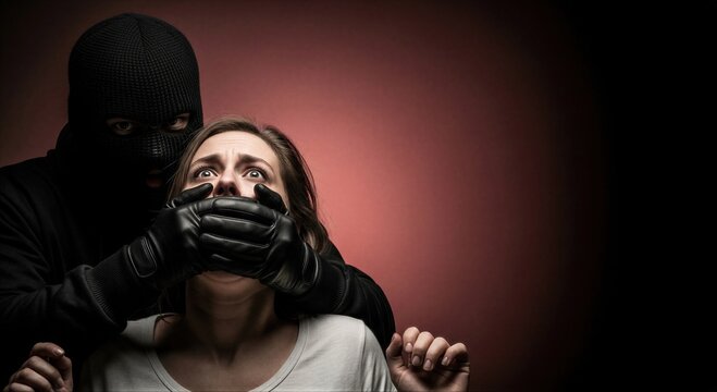 Masked attacker covering mouth of terrified woman. Criminal scene with victim kidnapped by kidnapper. Violent assault and crime concept for thriller movie poster or safety awareness.