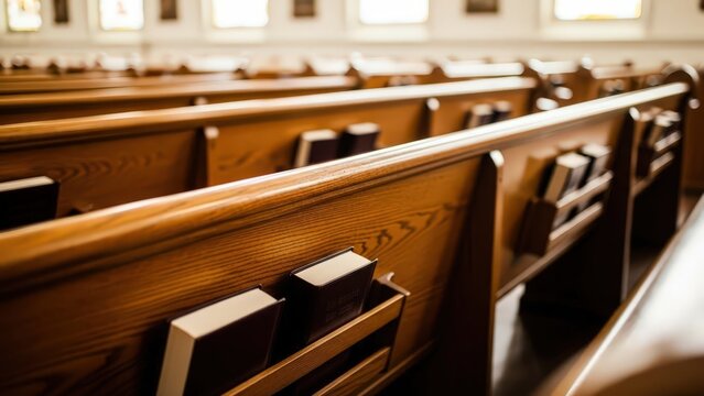 church A serene view of empty wooden church pews with hymn books in a bright and airy place of worship.