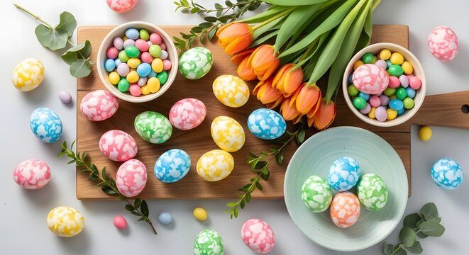 Easter eggs and tulips on a wooden board