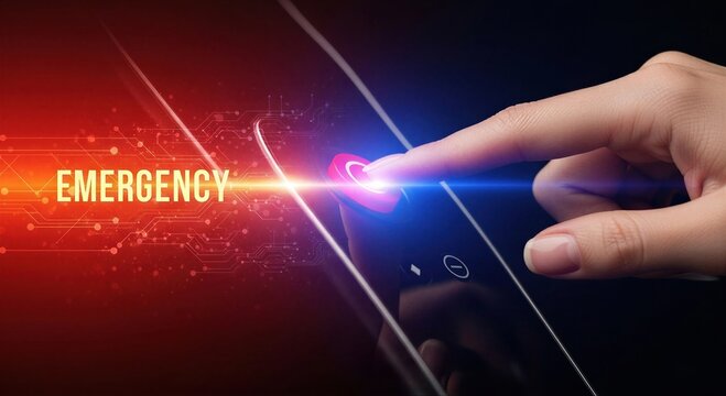Woman finger pressing emergency button on smartphone screen. Digital interface for security and crisis alert. Crime reporting and personal safety system in hazardous social situation.