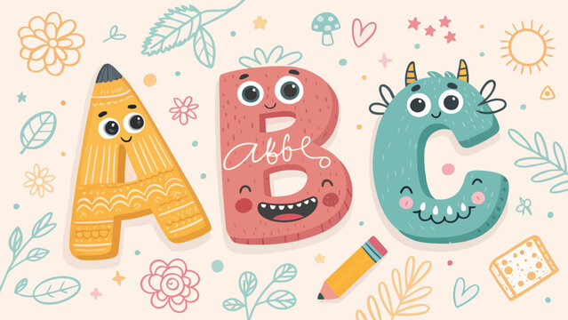 Cute abc letters with smiling monsters and colorful hand-drawn elements for early childhood education and creative designs