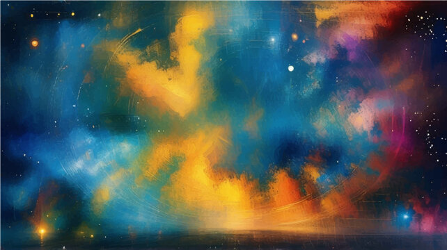 Abstract colorful grunge background featuring a fractal nebula design that blends smoke and fire textures into an imaginative conceptual illustration of universal energy and consciousness