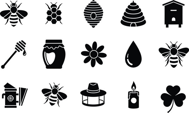 Beehive beekeeping icons collection with honey bees hive tools nature elements