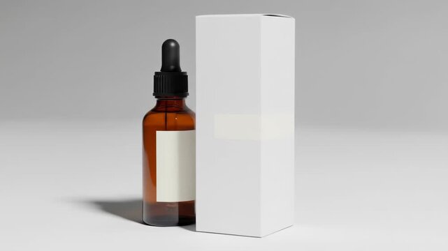 A brown glass bottle with a black dropper cap and a blank white label next to a tall white rectangular box on a plain gray background