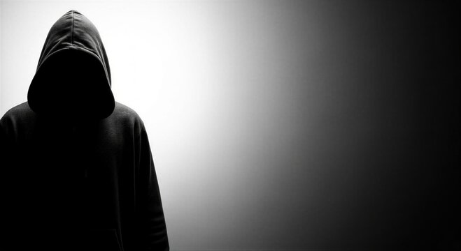 Man in hoodie with face hidden in shadows. Mysterious criminal figure standing in dark light. Concept of crime, anonymity, security threat and danger in urban environment. High fidelity.