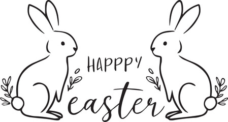 Fototapeta premium Happy Easter Greeting with Two Minimalist Bunny Rabbits and Floral Branch Elements