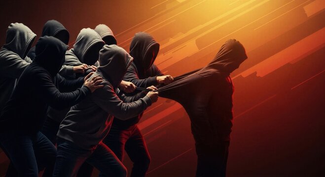 Group of man attackers in hoodies pulling hooded man to commit assault. Crime scene with criminal gang harassing victim. Concept of street robbery, violence and security danger.