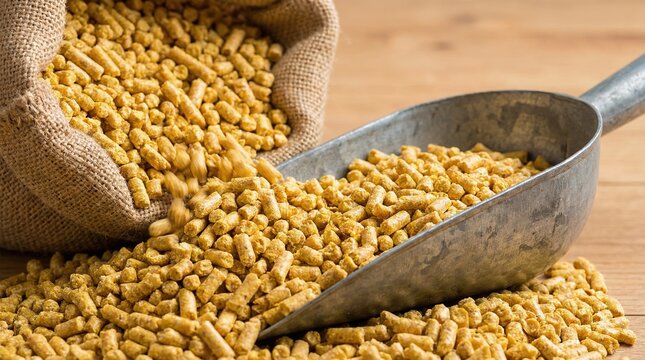 Animal Feed Pellets Poured Into Metal Scoop on Wooden Surface