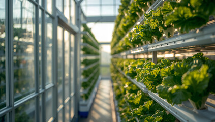 Fototapeta premium Lettuce leaves growing in a greenhouse, hydroponics