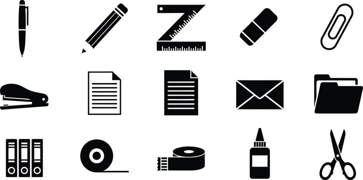 Office stationery icons collection with pen pencil ruler eraser paperclip stapler folder