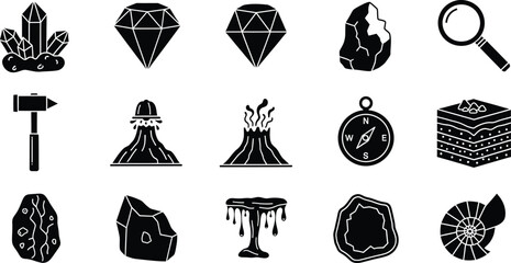 Geology science icons set with crystals gems volcano fossils compass magnifier tools © Simu Store