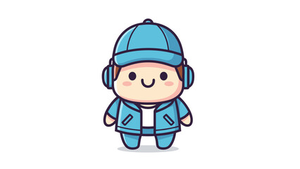 Fototapeta premium A cute cartoon character wearing a blue cap and headphones standing in a simple flat style design Vector