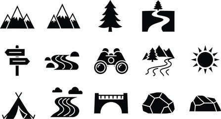 Adventure travel icons set with mountains trees compass camera tent sun symbols © Simu Store