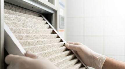 HVAC Filter Being Replaced by Gloved Hands Close-Up