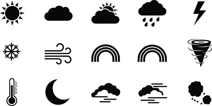 Weather forecast icons collection with sun clouds rain lightning snow wind rainbow