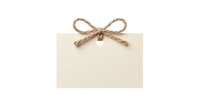 Blank beige craft paper tag with rustic jute twine bow on a transparent background