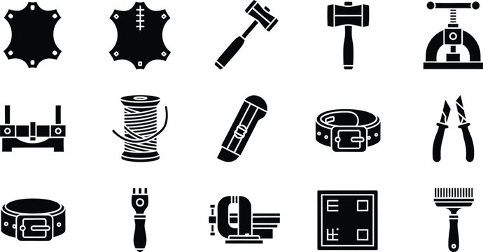 Leatherworking craft tools icons set with awl knife hammer stitching tools
