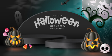 Halloween stage banner with glowing pumpkins, skull, candy, spooky tree and festive typography in dark 3D cartoon illustration style for horror celebration design. © Larisa