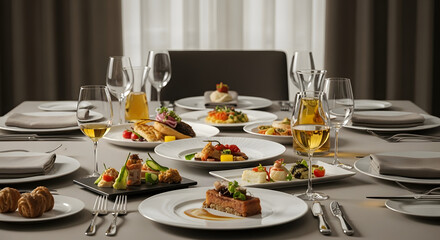 Fototapeta premium A beautifully set table showcases a delightful array of gourmet dishes and beverages, evoking a sense of upscale dining and sophisticated enjoyment. P