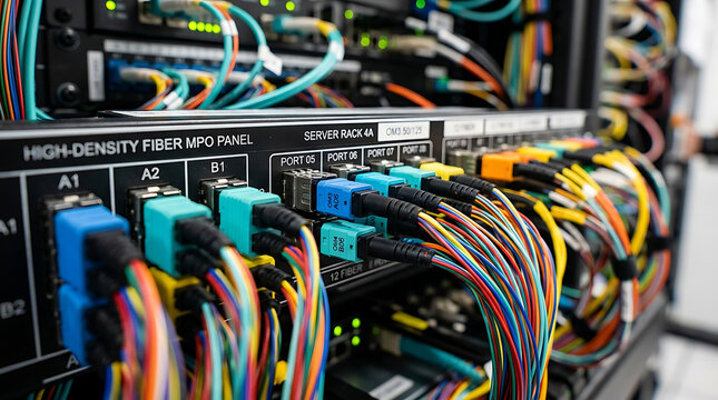 macro close-up of colorful MPO fiber optic connectors and ribbon cables in high-density patch panel with shallow depth of field and vivid color contrast in professional enterprise environment