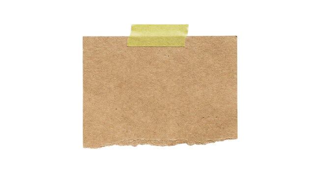 Torn brown kraft paper note attached with yellow masking tape on a transparent background