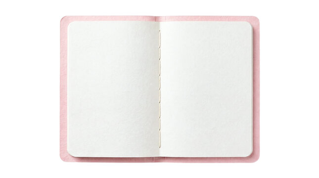Open blank notebook with soft pink cover and textured paper on a transparent background