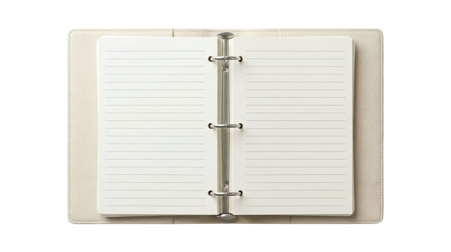 Open elegant ring binder planner with lined pages and cream leather cover on a transparent background