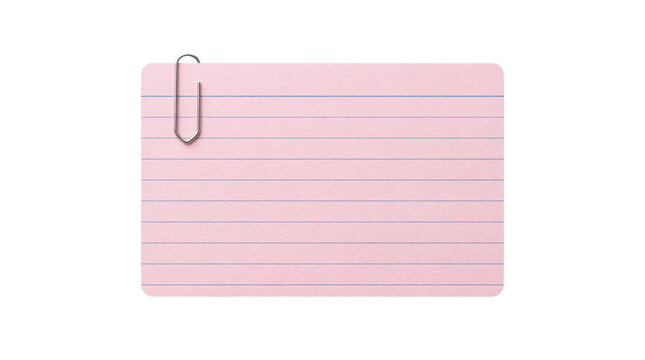 Blank pink lined index card attached with a metal paperclip on a transparent background