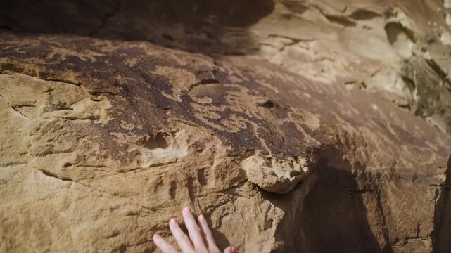 Close Up of Native American Rock Art on Sandstone Wall with Hand Touching Petroglyphs