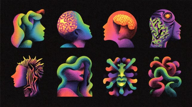 Abstract human profiles with colorful brains and swirling patterns
