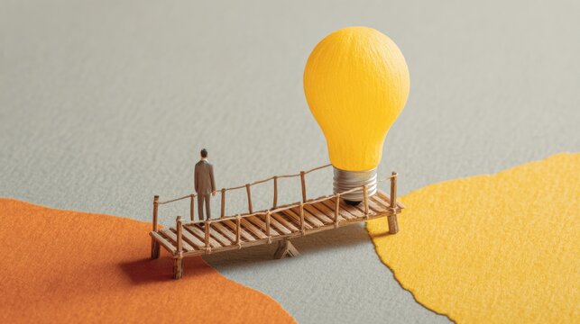 Businessman on bridge approaches bright idea lightbulb