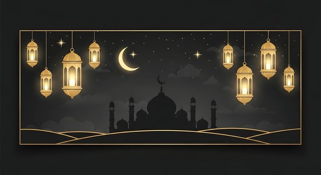 Golden lanterns frame a serene mosque silhouette under a crescent moonlit sky.