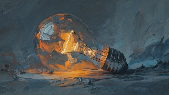 Glowing light bulb on abstract textured surface at dusk