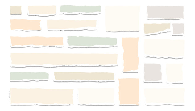 Pastel torn paper collage strips, ripped scrapbook banners and craft texture elements, abstract handmade decoration shapes and labels isolated on transparent background