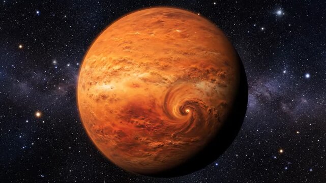 A swirling storm vortex dominates the surface of a fiery orange planet. This celestial body floats serenely amidst a field of distant stars.