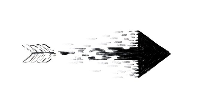 Black and white sketched arrow with fading tip on white. Symbolizing movement and change